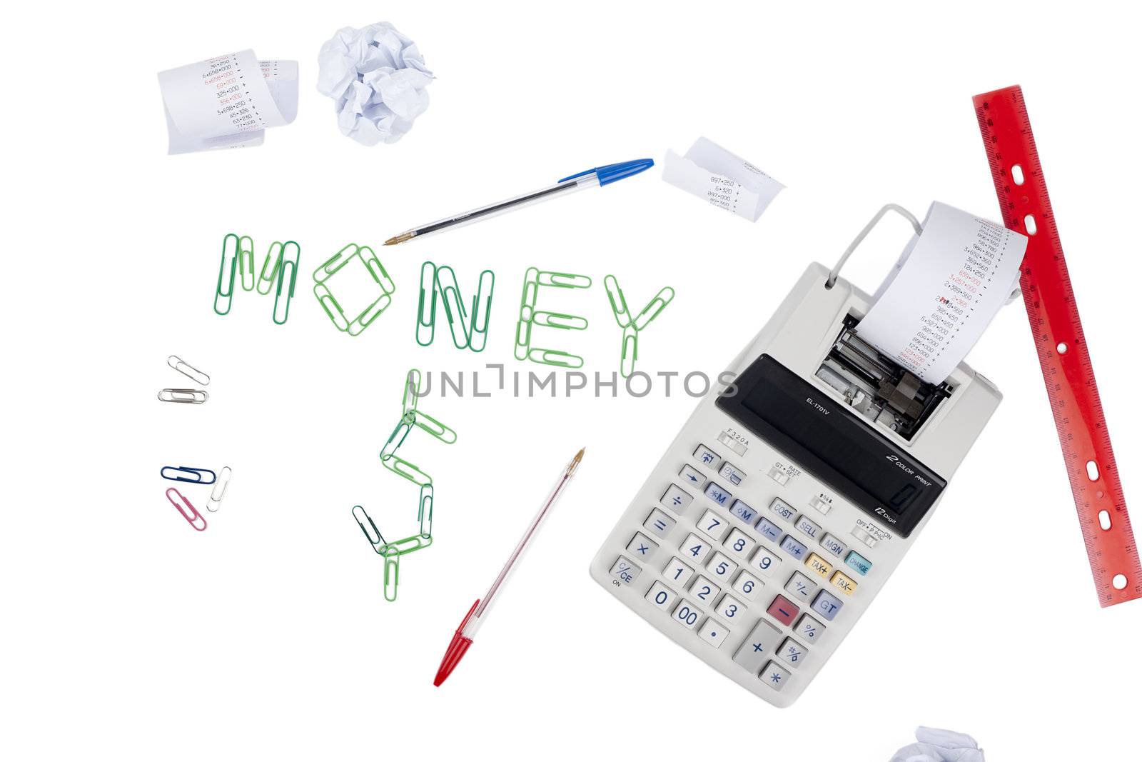 Scattered receipt, pen, ruler, calculator and money word over a white background