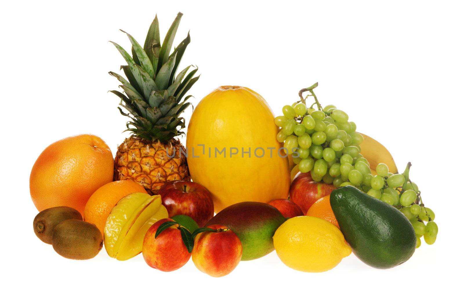 Assortment of fresh fruits, isolated on white 
