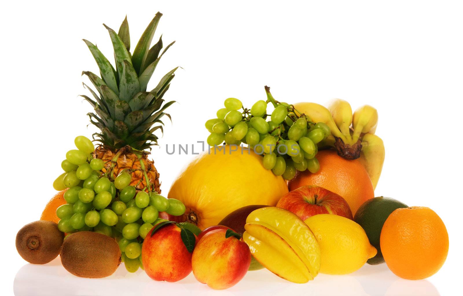 Assortment of fresh fruits on white background