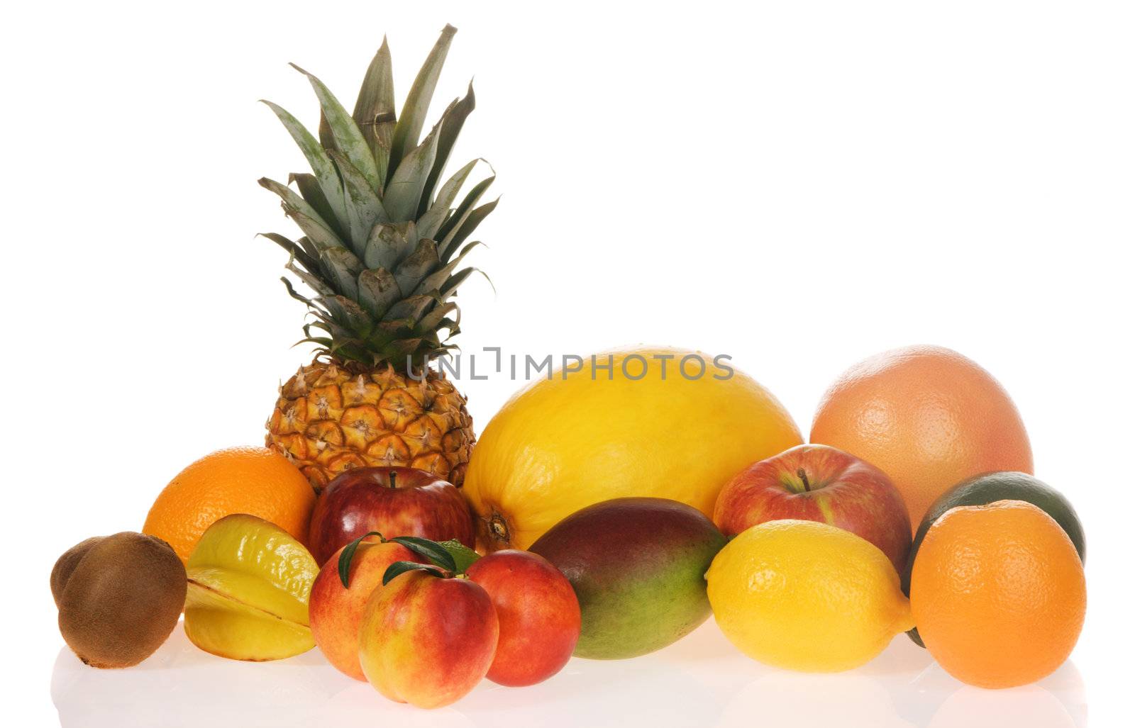 Assortment of fresh fruits on white background 
