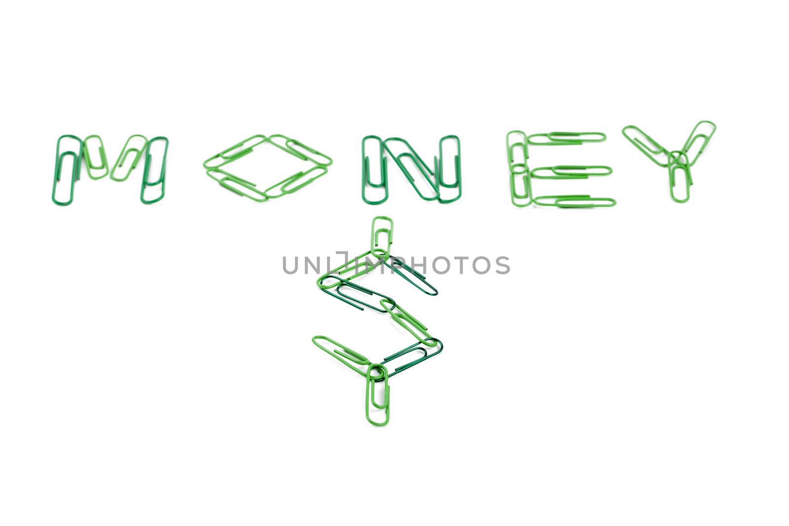 Image of green paper clips forming money word with a dollar sign on a white background 