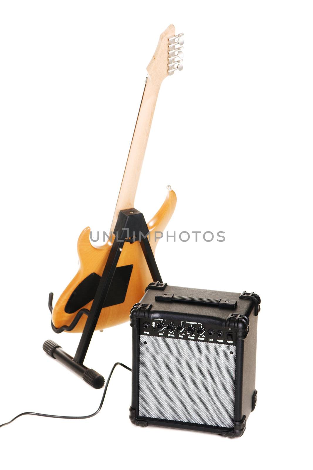 Electric guitar with amplifier, white background