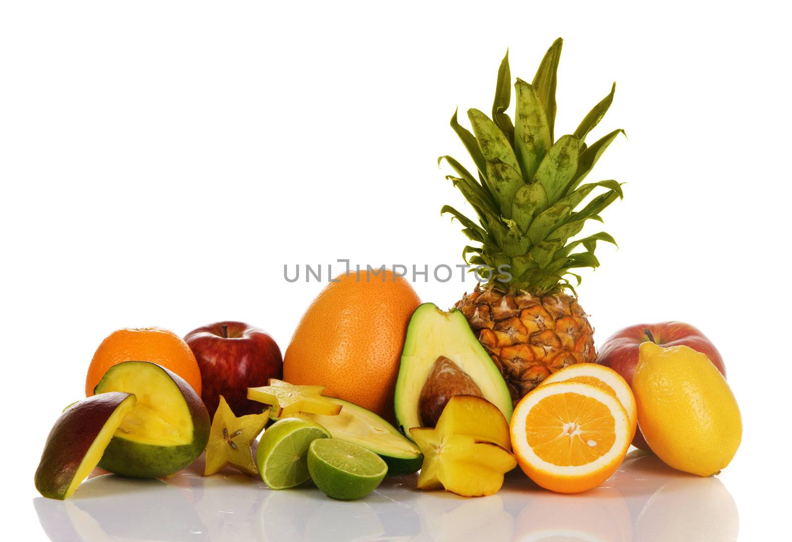 Assortment of exotic fruits, isolated on white