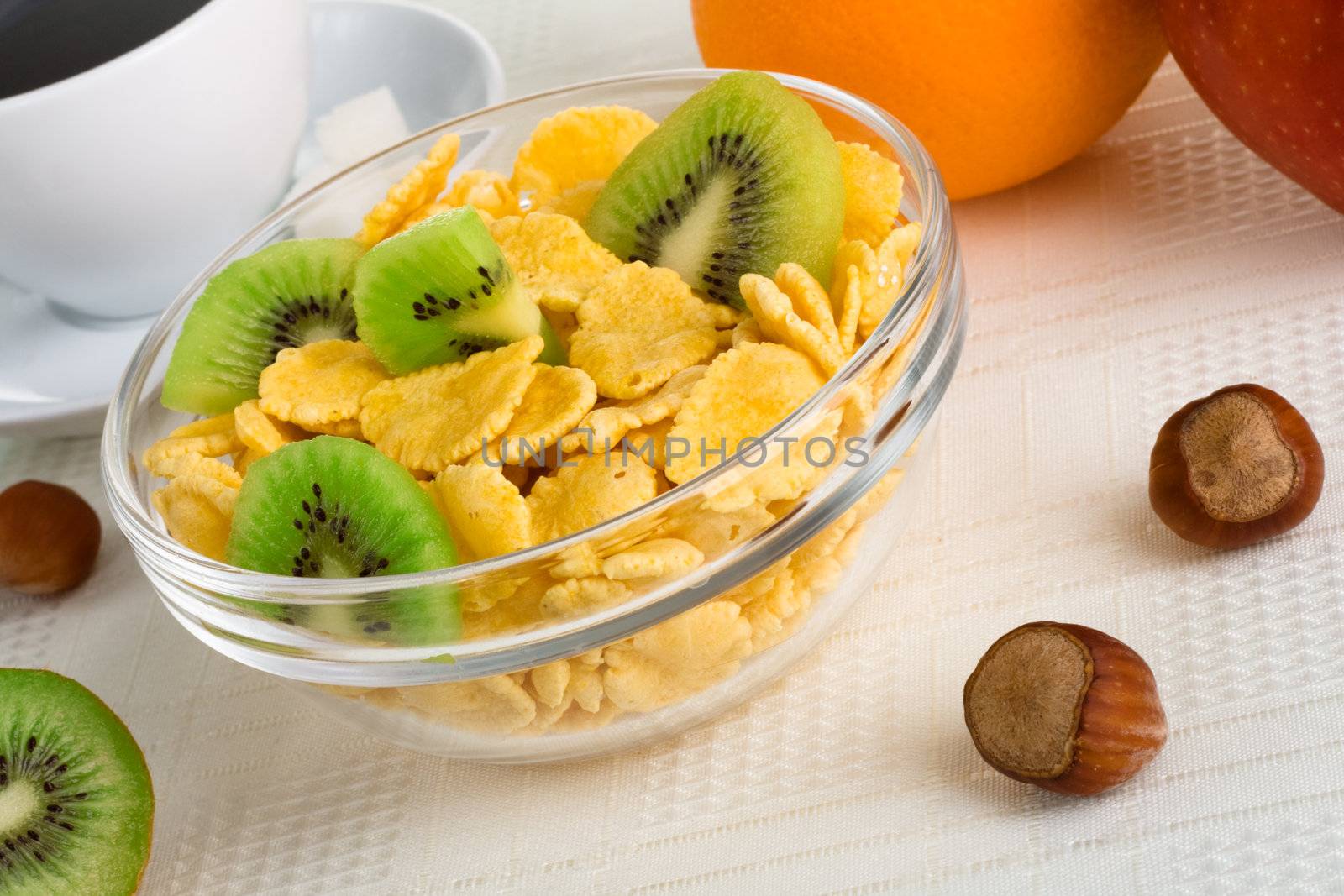 Healthy breakfast - cornflakes with fresh fruit