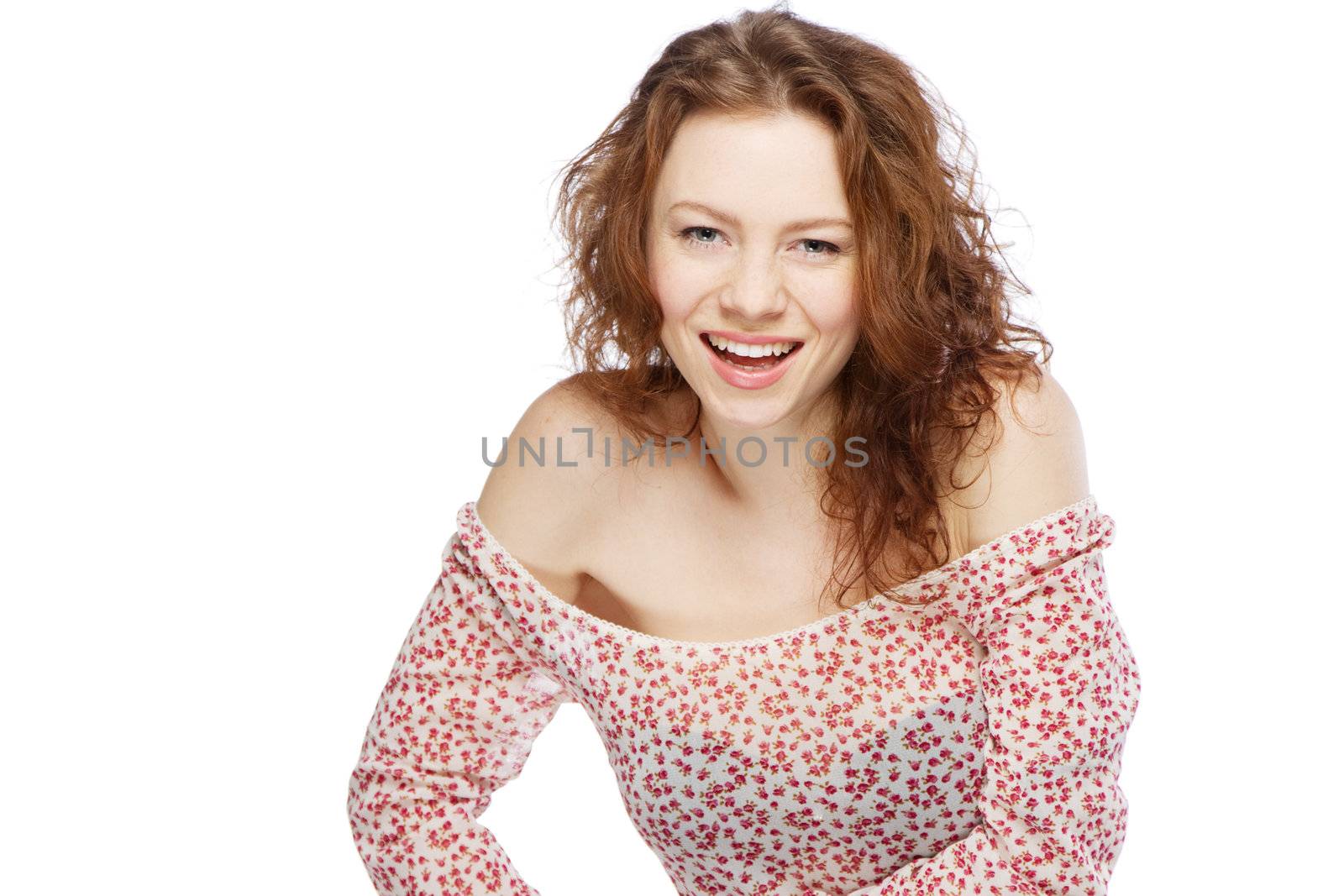 Beautiful red-haired model on white background by Gdolgikh