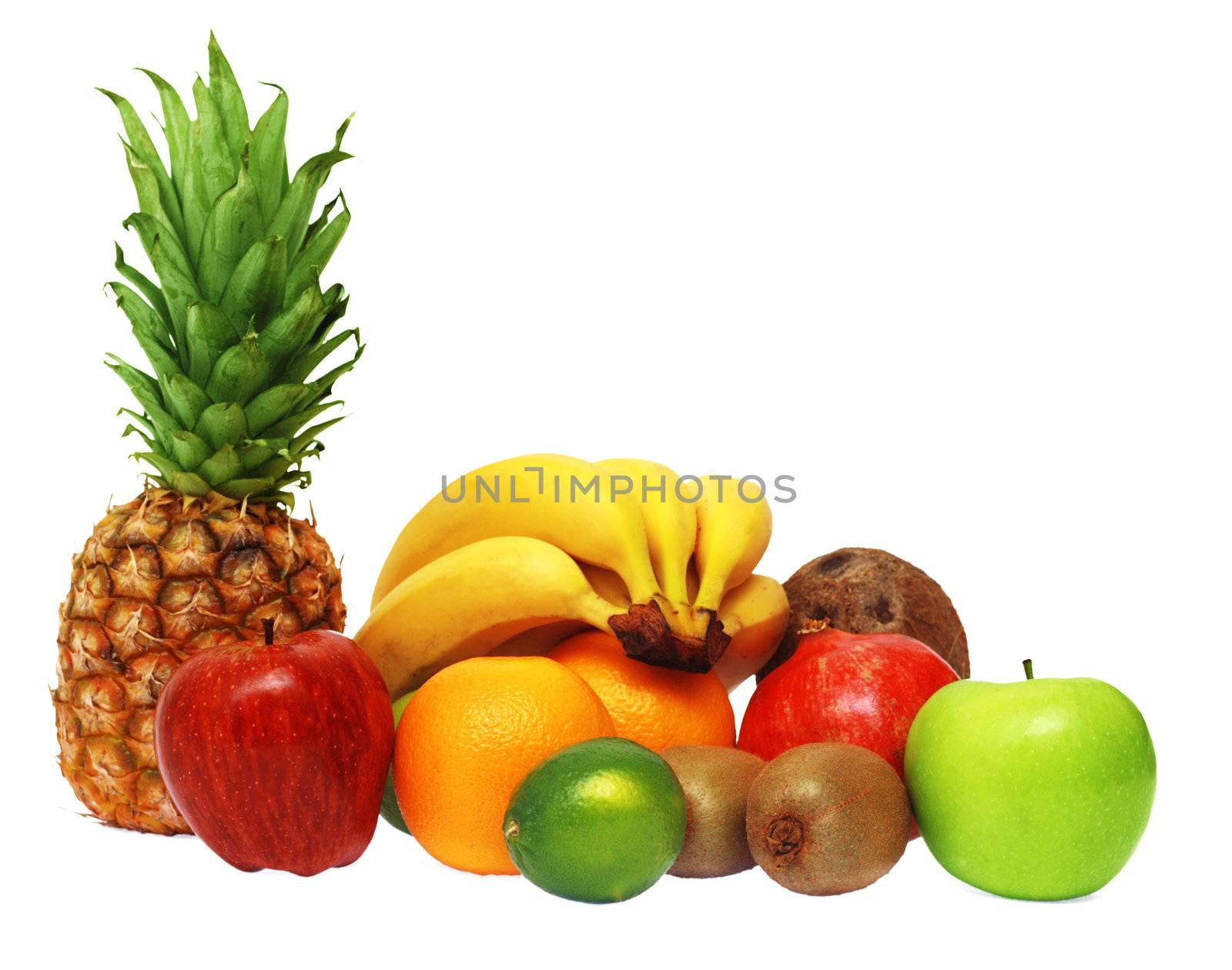 Colorful fresh fruits isolated on white background