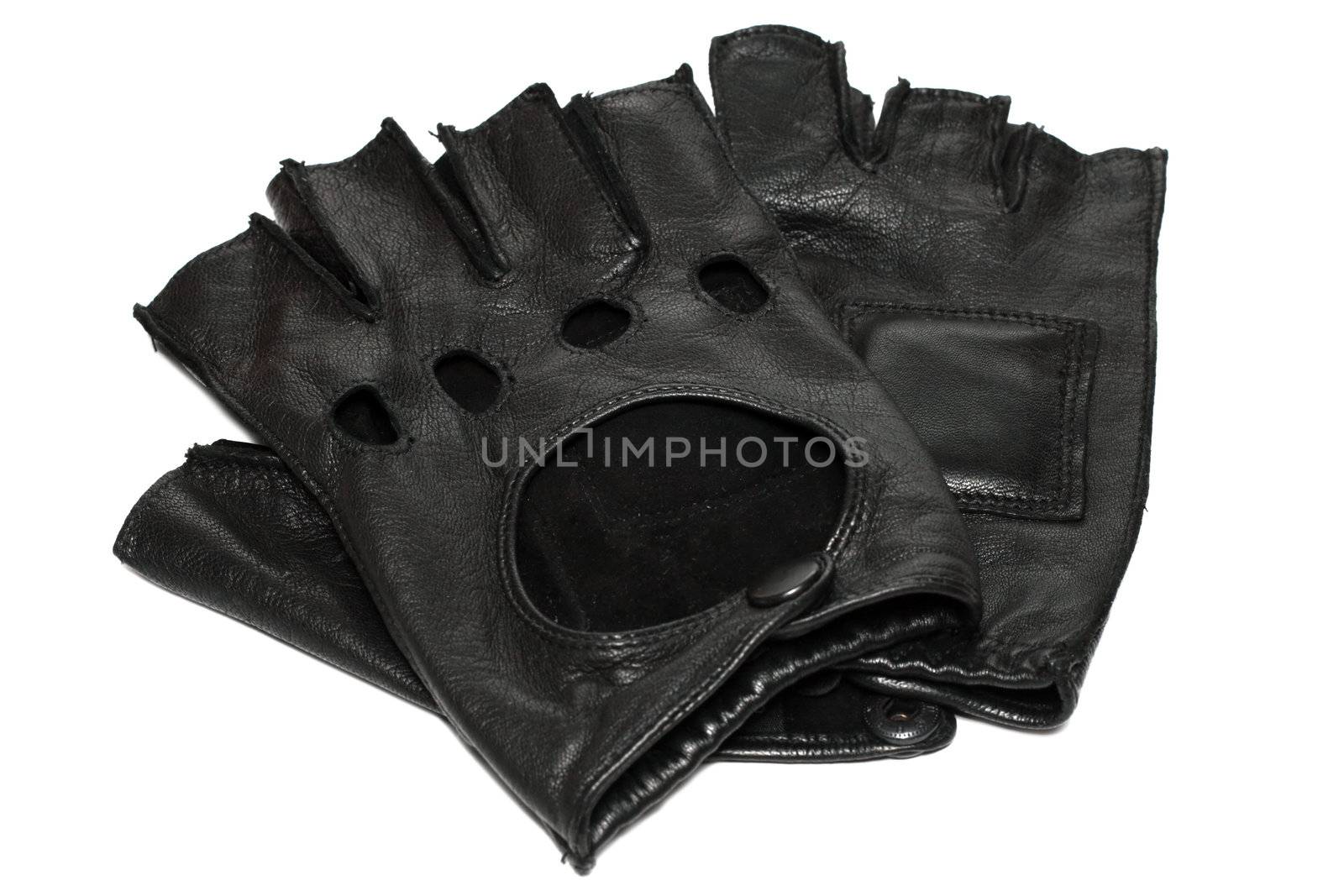 Pair of black leather gloves with open fingers isolated on white
