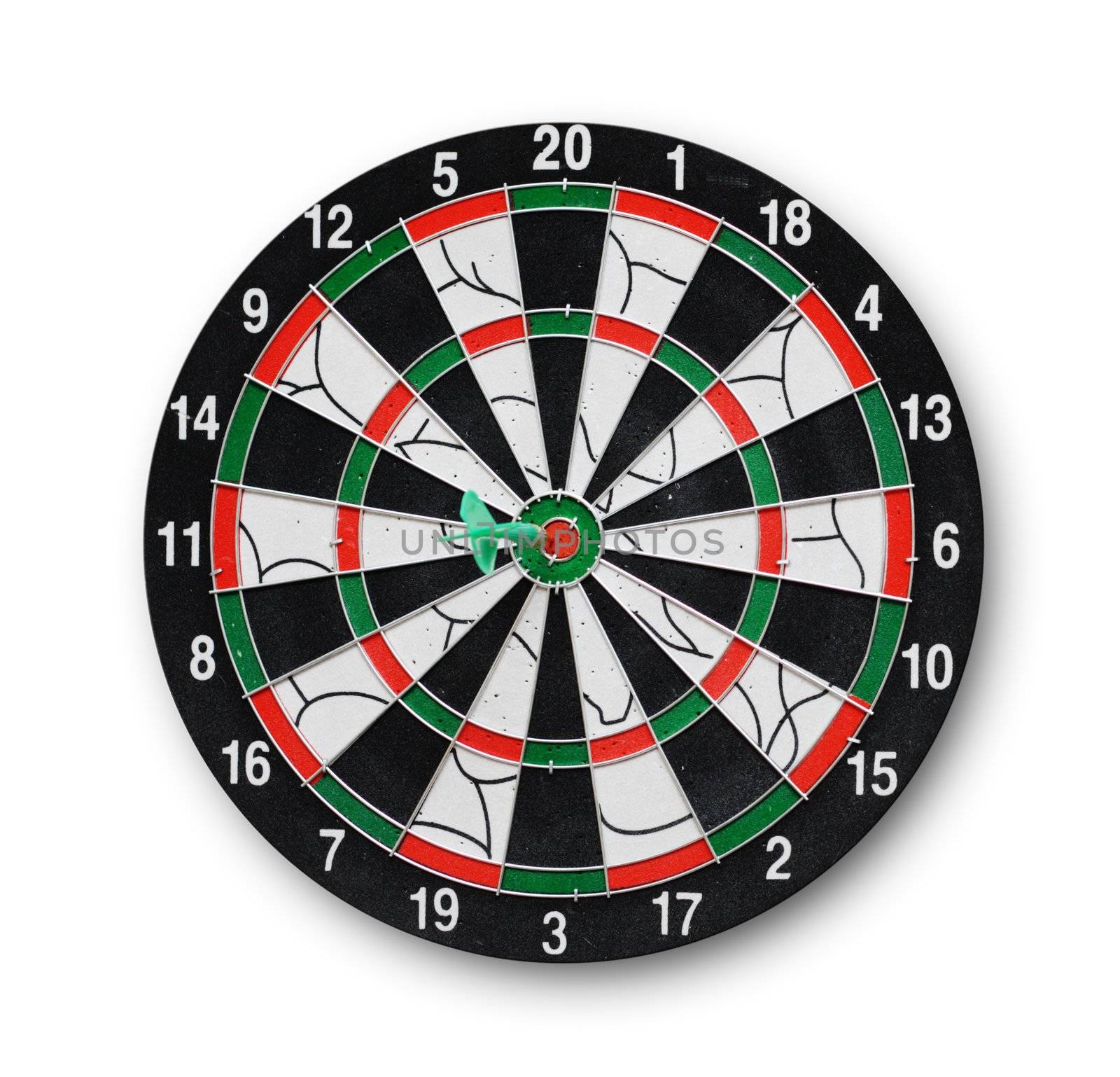 Darts board with a dart in the center, isolated on white
