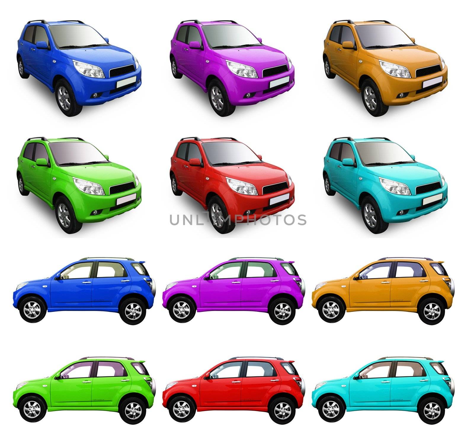 Cars isolated on white in different color, front and side views.
