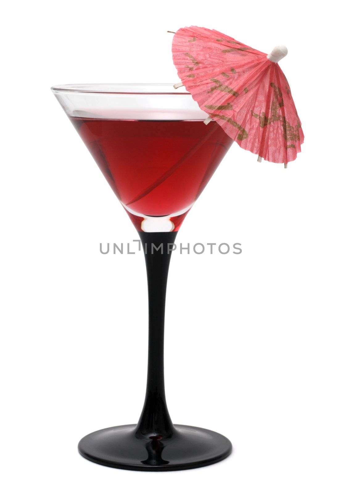 Red refreshing cocktail with an umbrella isolated on white background