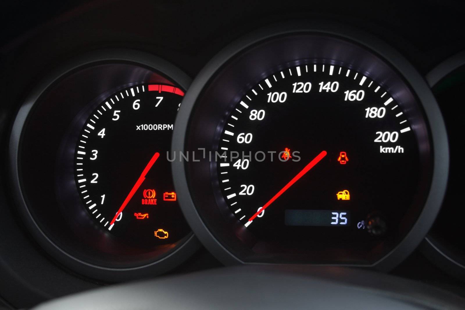 Closeup shot of a speedometer and tachometer of a modern car.