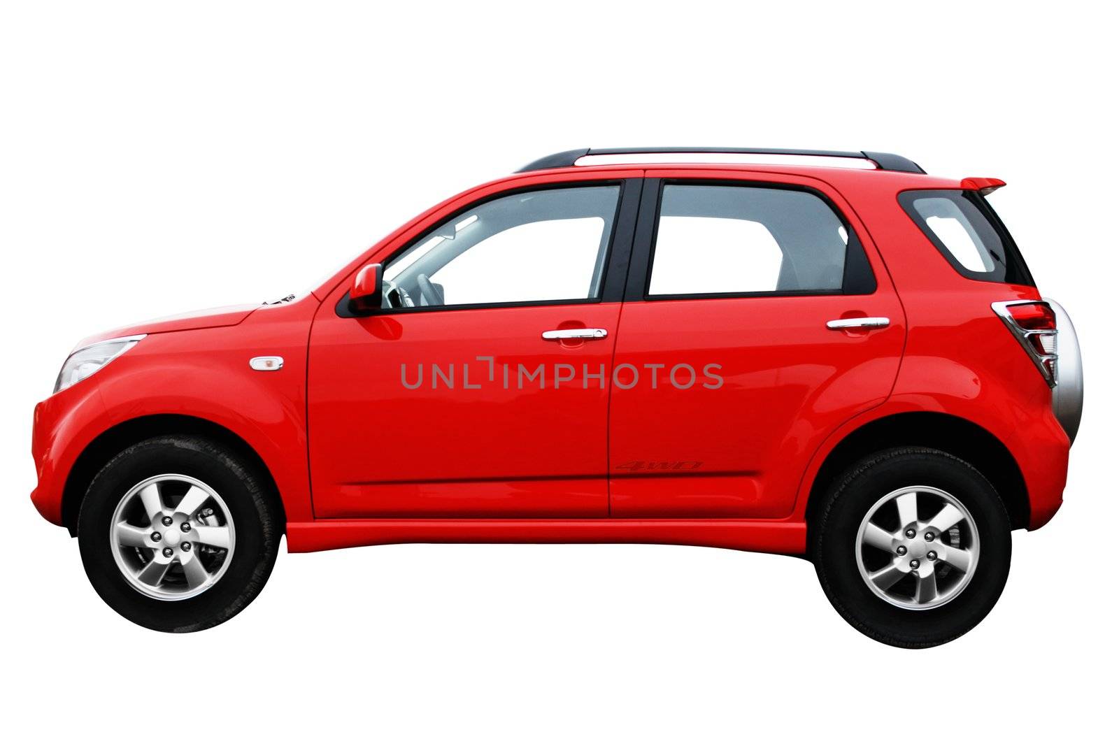 Red modern new car isolated on white background, side view