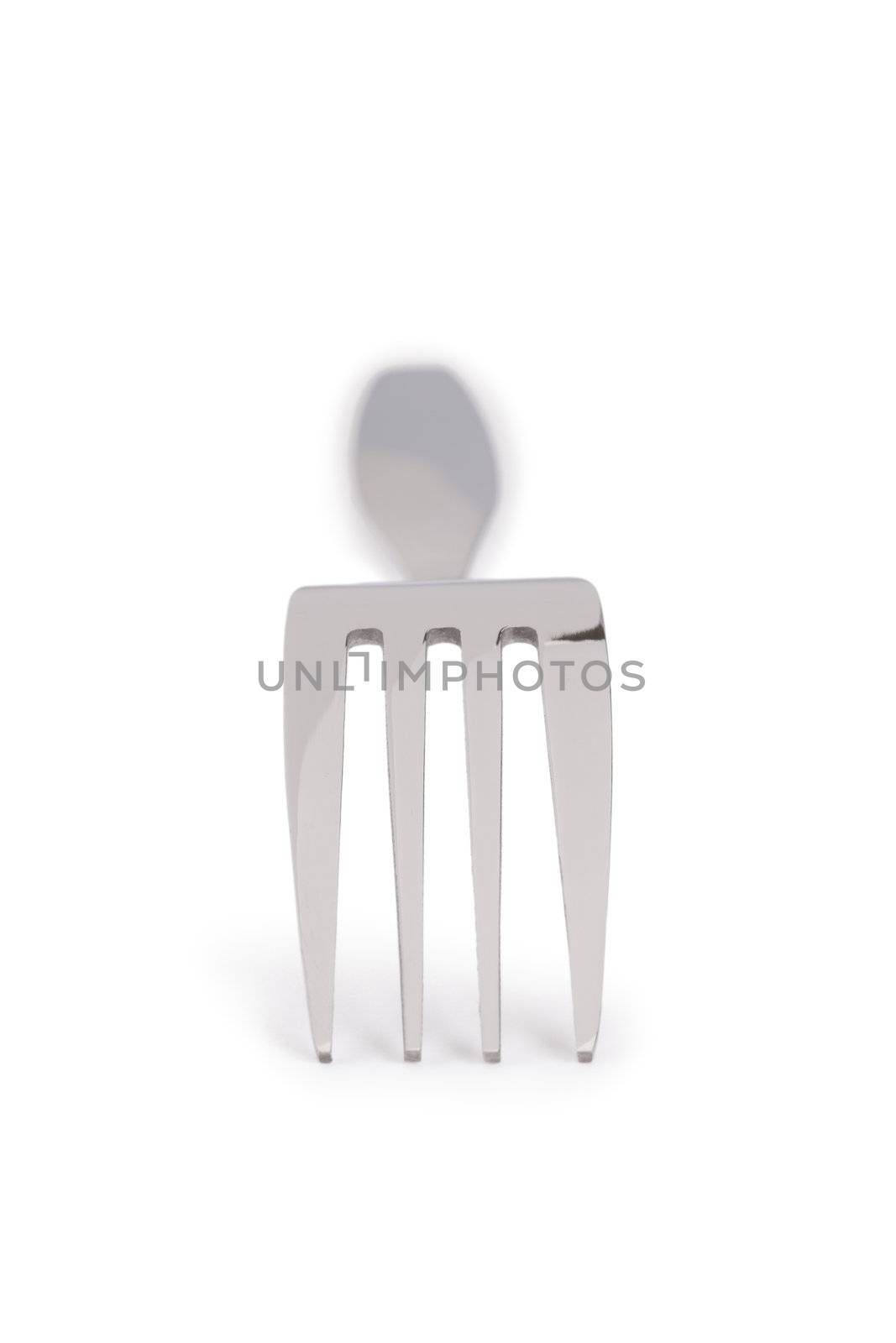 Close up image of fork against white background