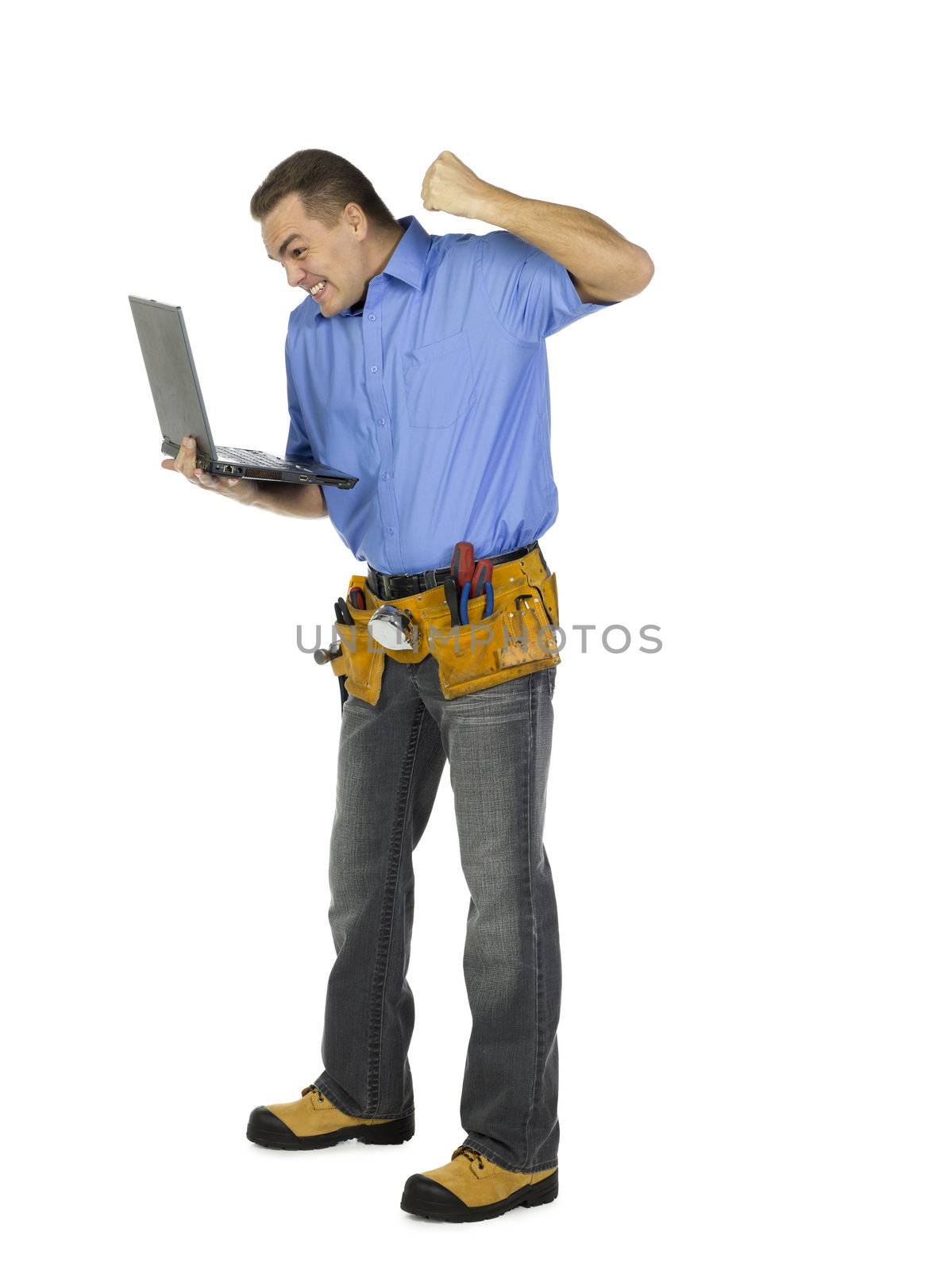 A happy man holding laptop isolated on white