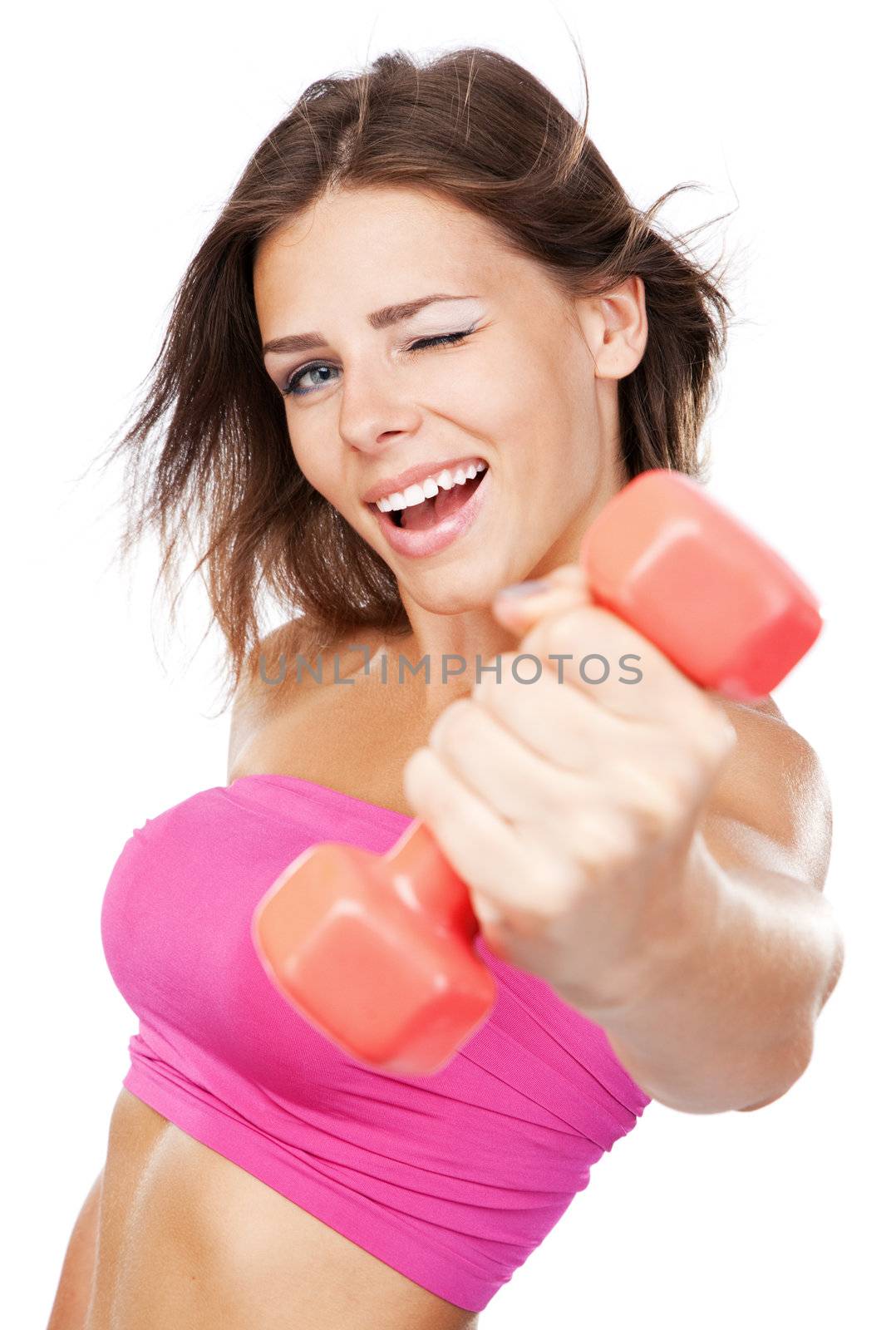 Beautiful slim woman with dumbbells, isolated on white background