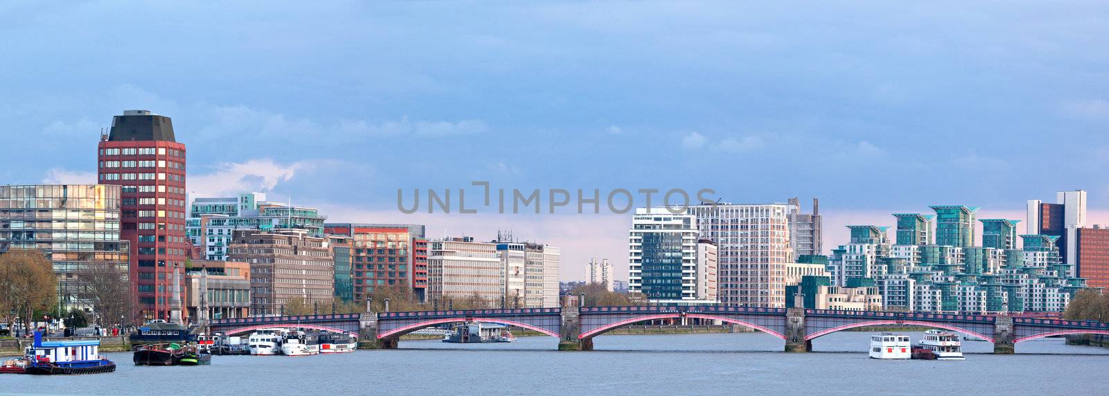 Panorama of London Skylines Skyscrapers along River thames England UK