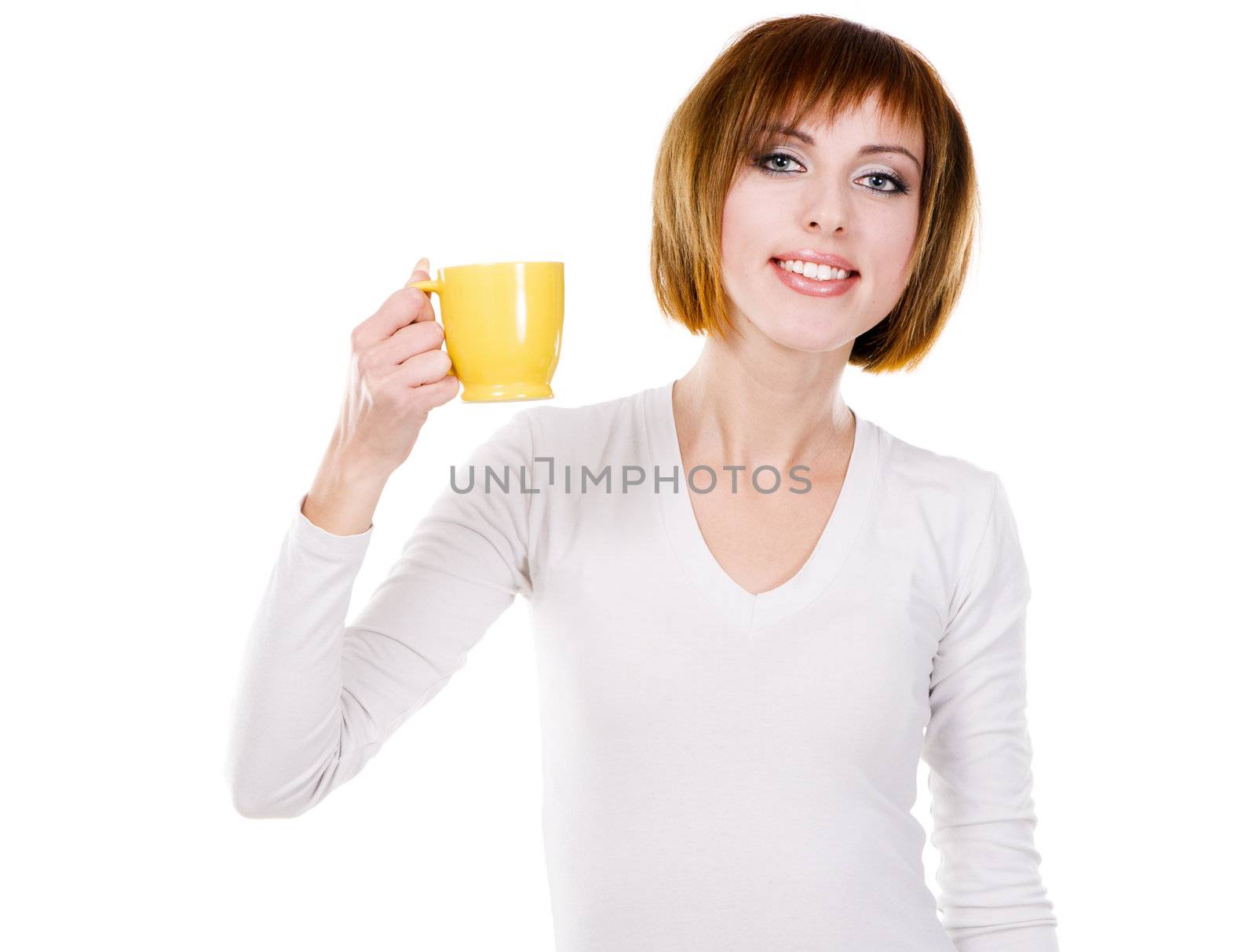Lovely young woman with a cup of tea against white background 