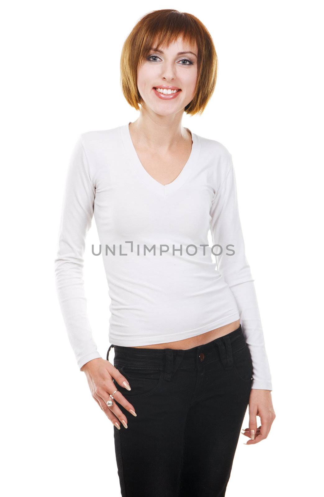 Pretty young woman's portrait, white background