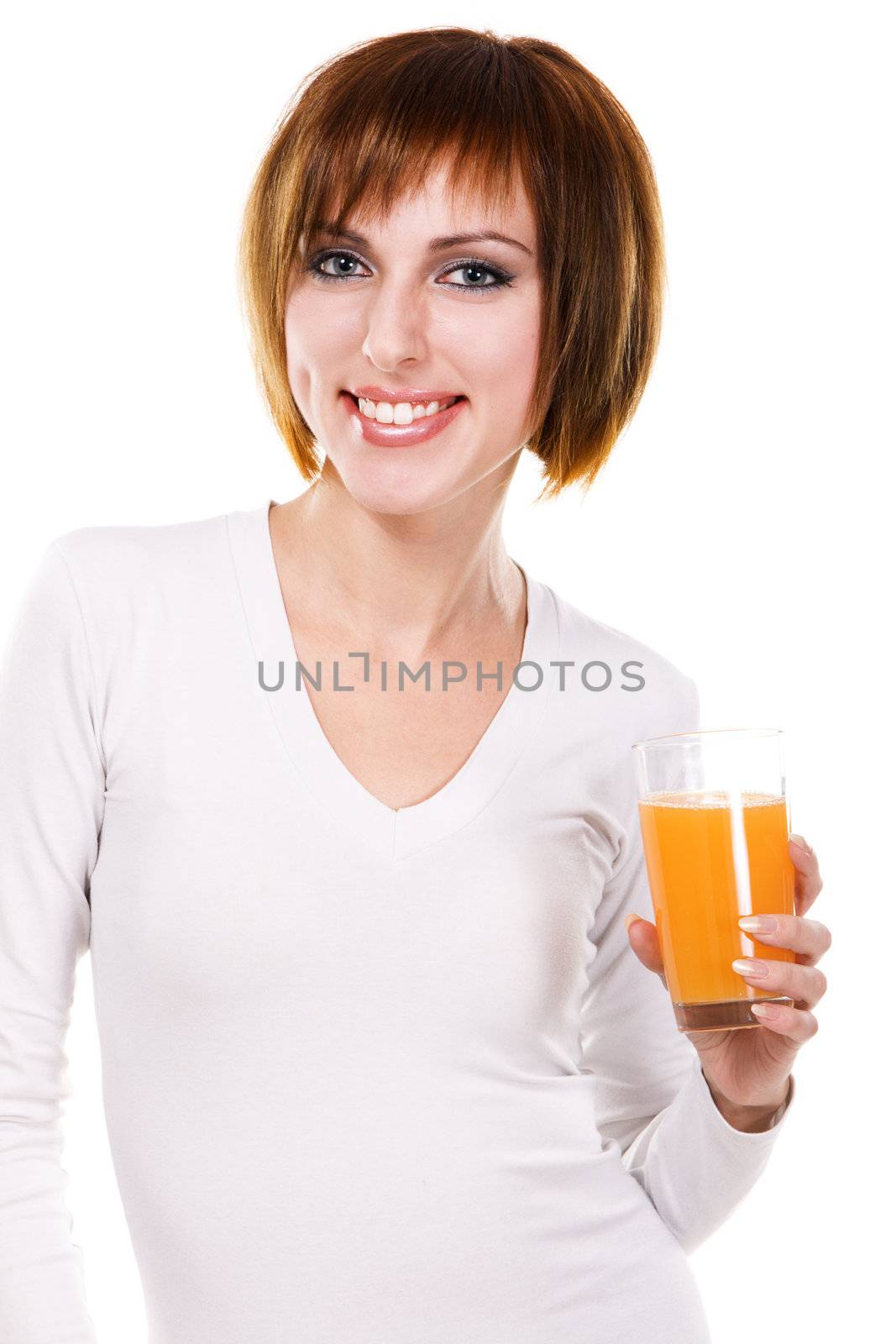 Lovely young woman with a glass of fresh juice against white background 