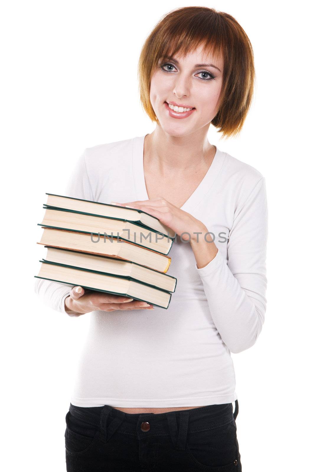 Lovely girl with a stack of books, white background 