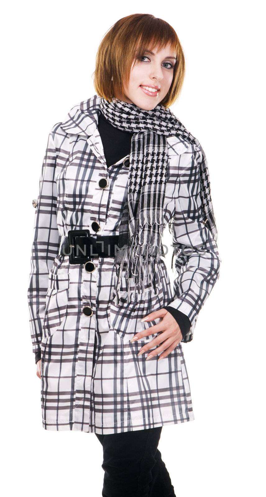 Lovely girl in demi-season checkered clothing