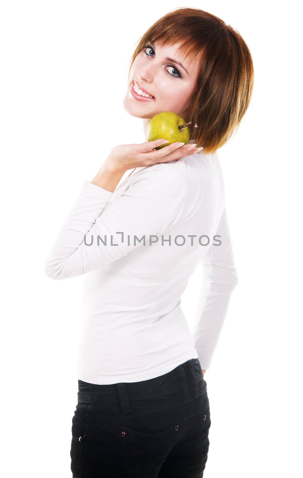 Portrait of a young beautiful woman with a green apple by Gdolgikh