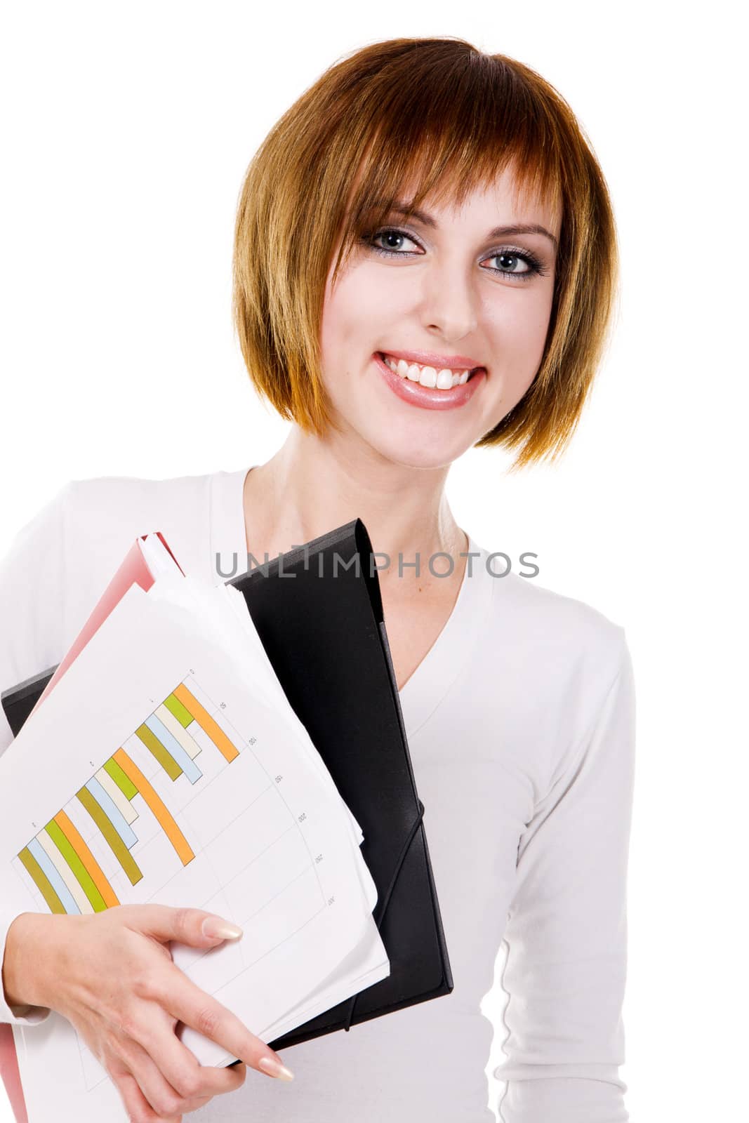 Cheerful girl with folders and business papers, white background 