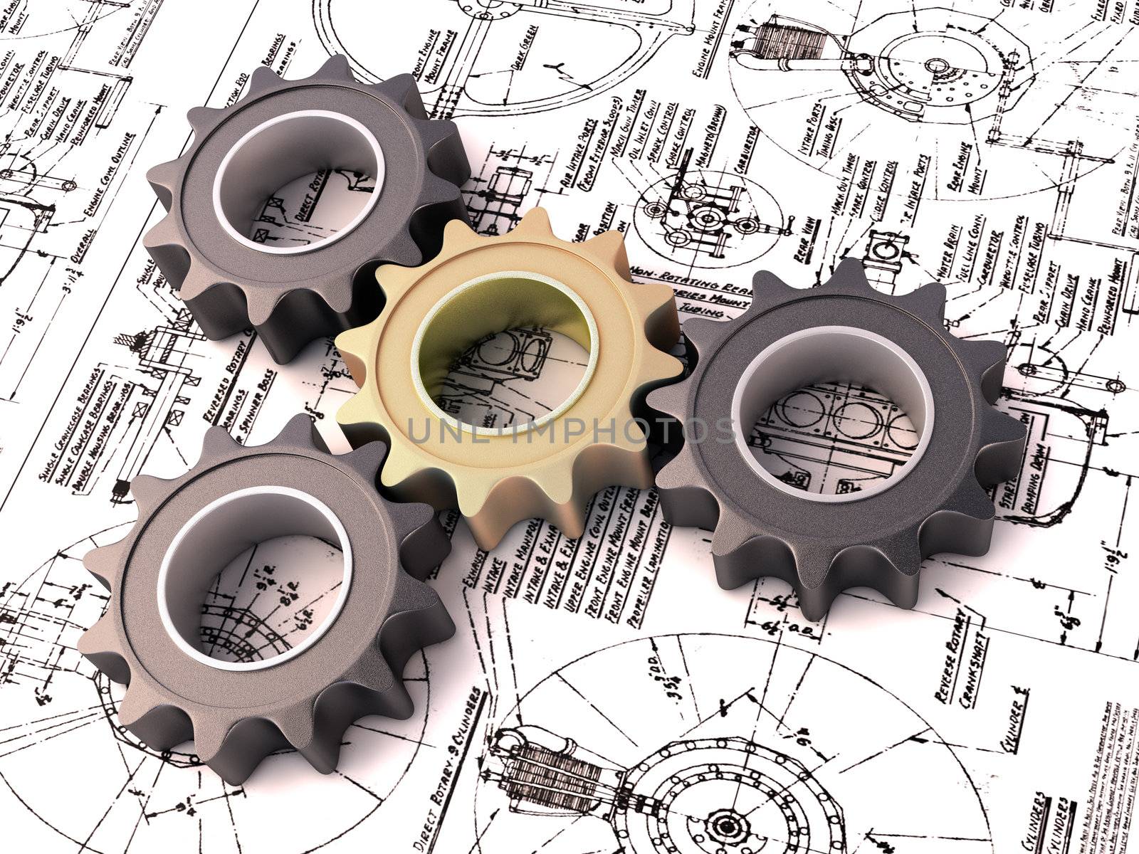 Pinion gear close-up on a blueprints background