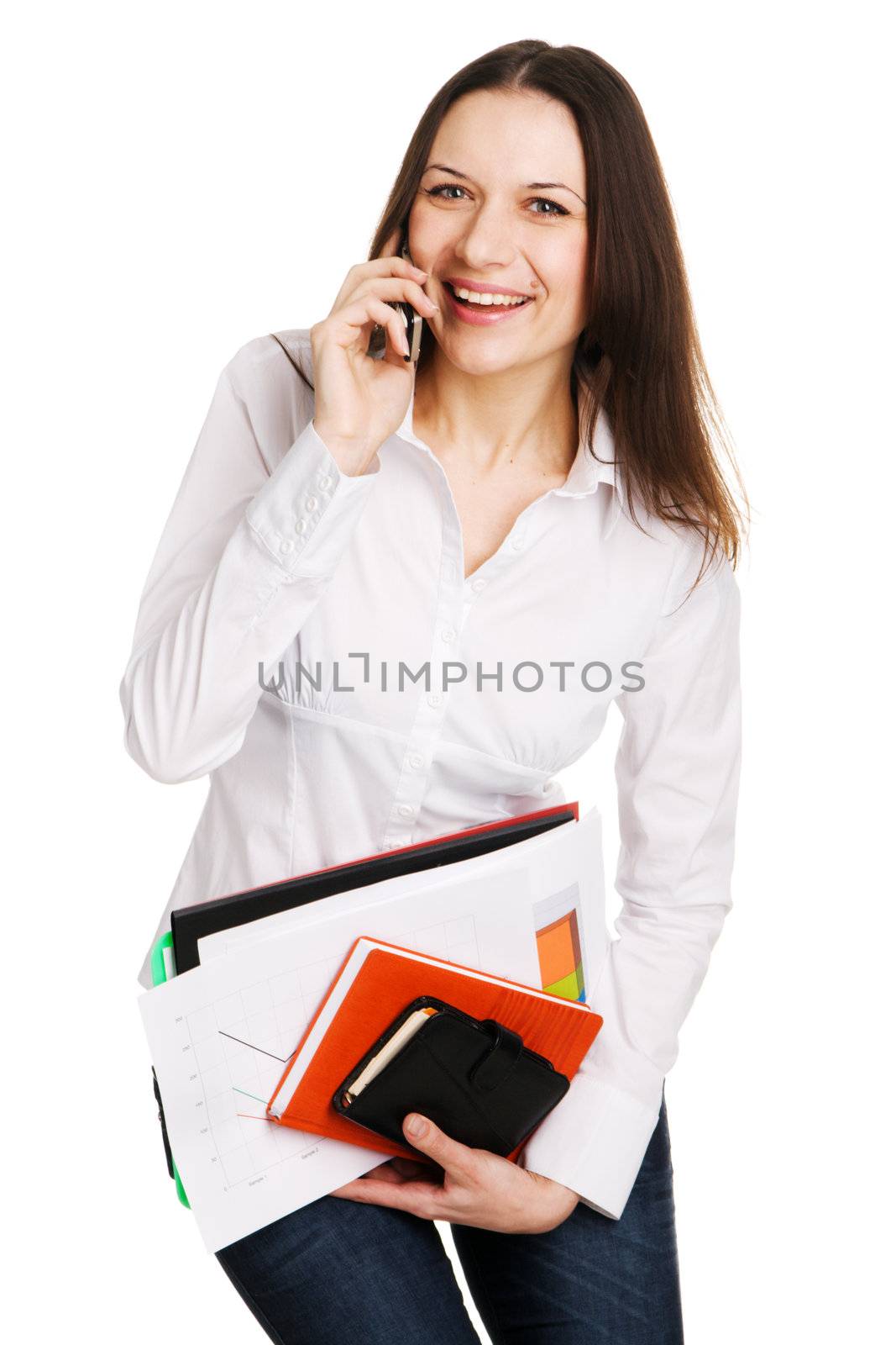 Cheerful businesswoman holding a bunch of documents by Gdolgikh