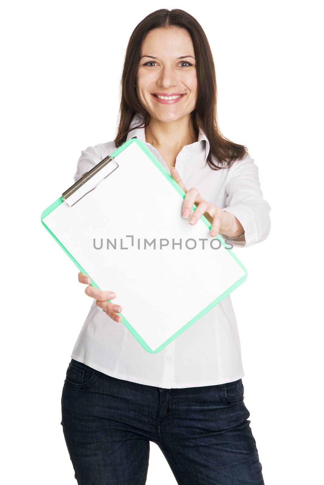 Beautiful young businesswoman with a worksheet by Gdolgikh