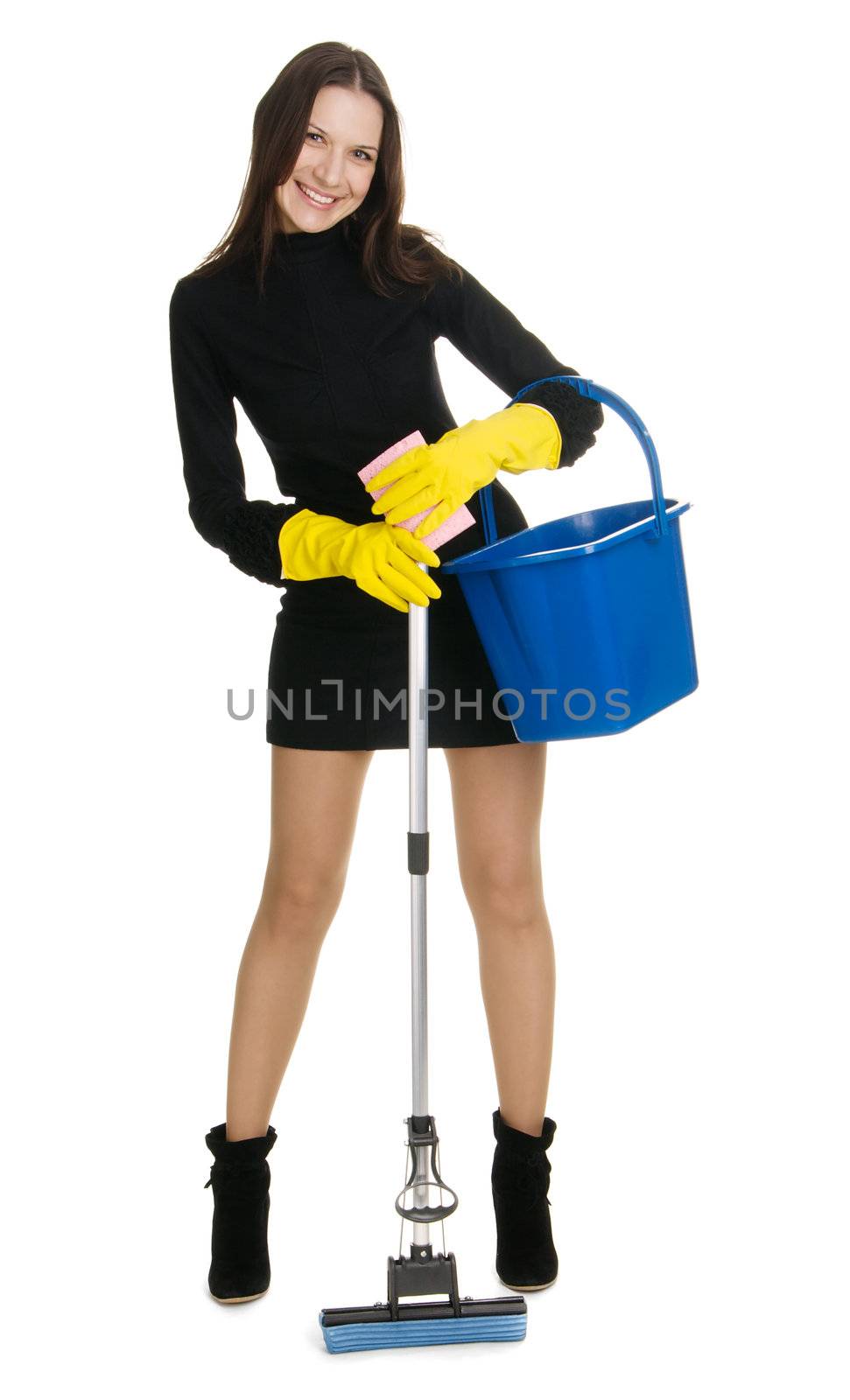 Sexy housewife in elegant dress holding a swab and bucket, white background