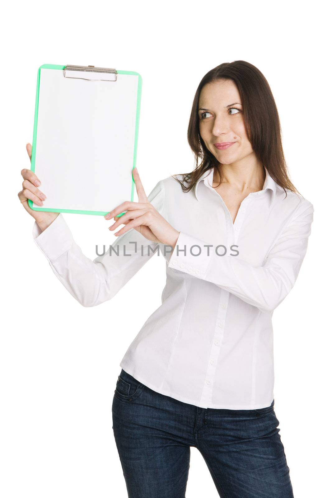 Beautiful young businesswoman with a worksheet, white background