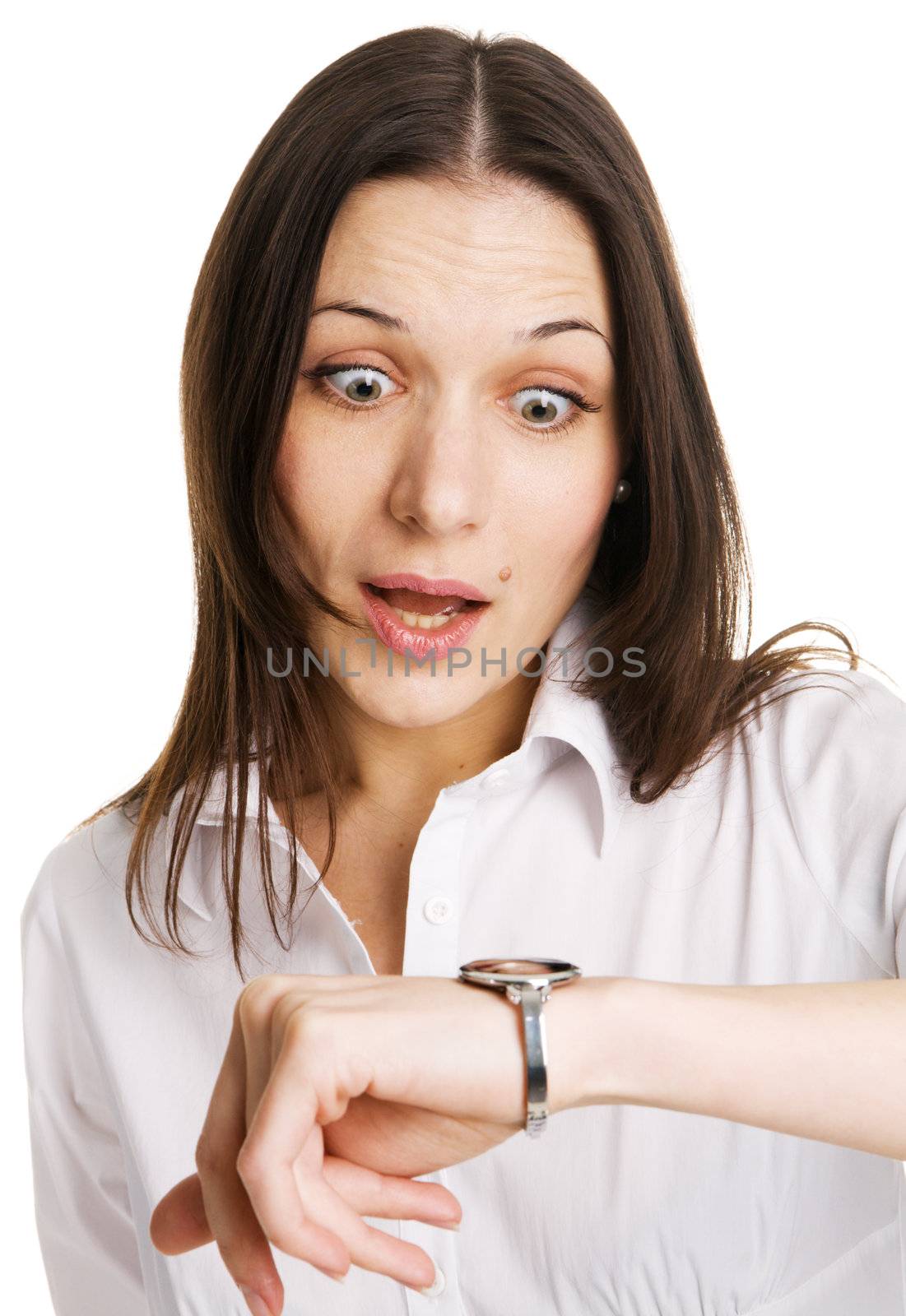 Businesswoman in a hurry, white background