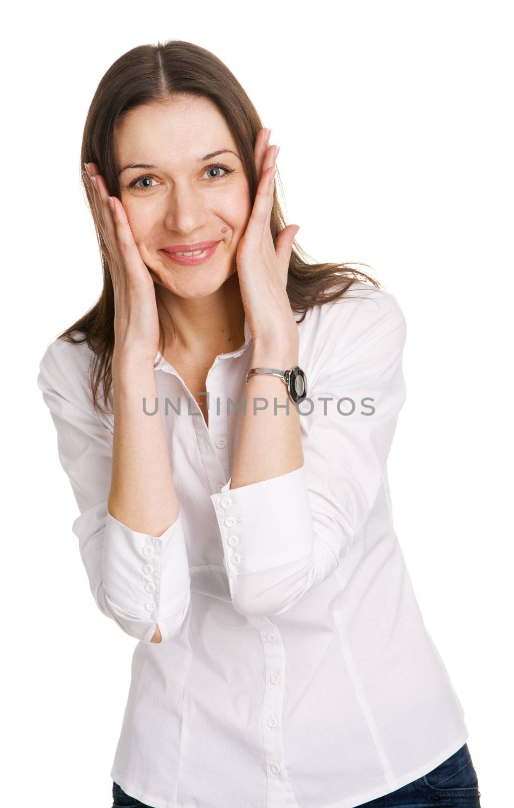 Astonished young woman, white background