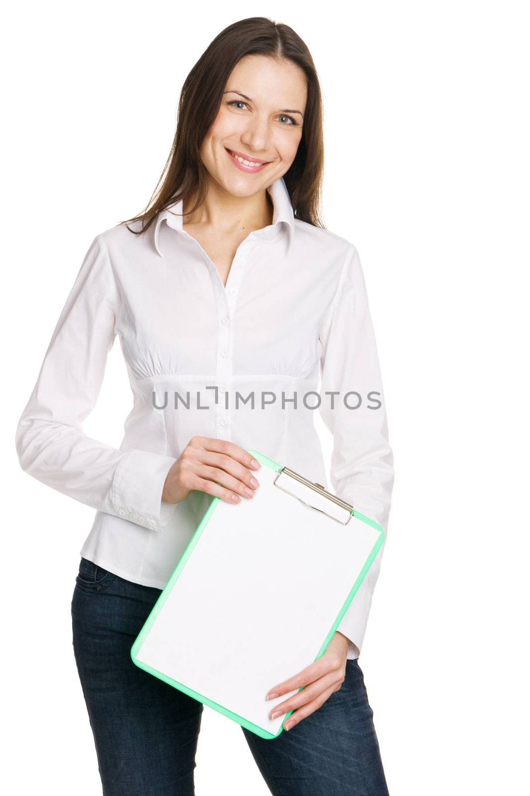 Beautiful young businesswoman with a worksheet, white background