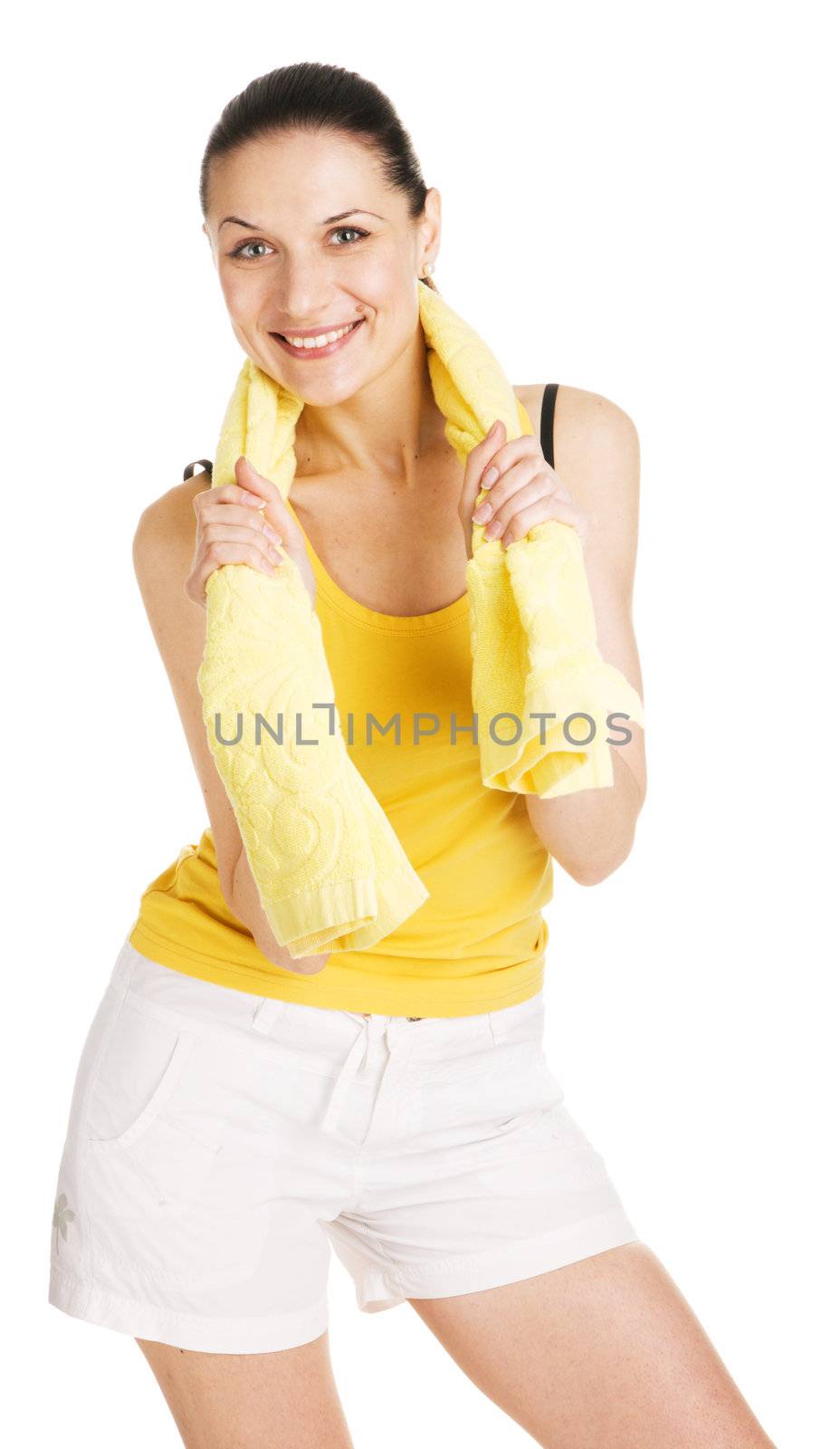 Young woman working out, white background