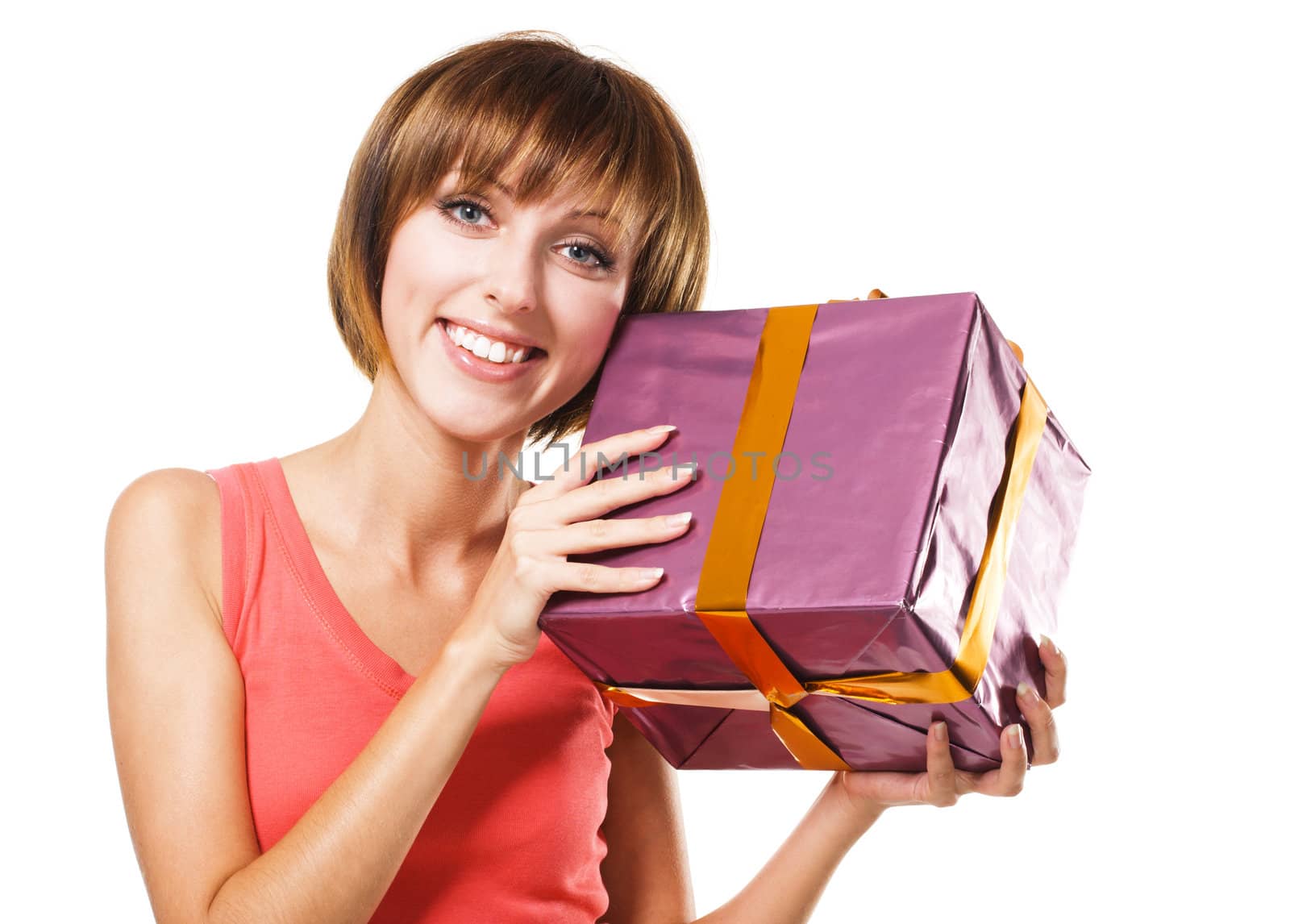 Lovely girl with a gift box, white background