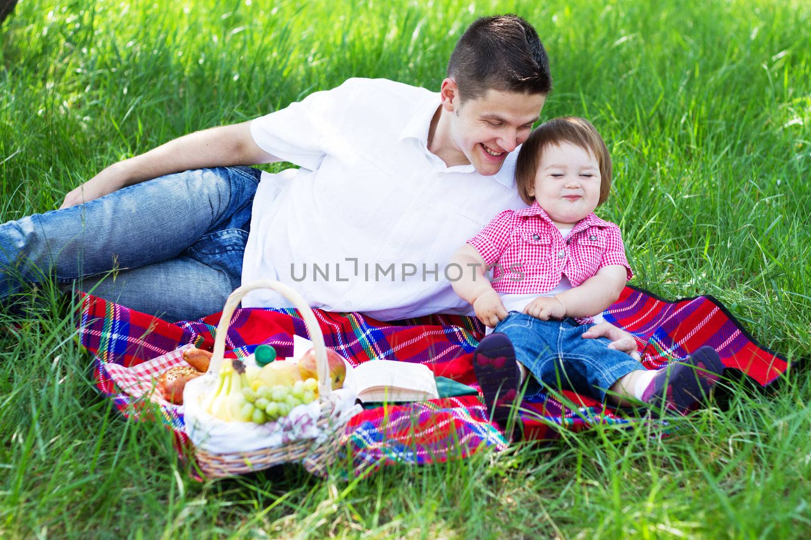 Young beautiful family of three on a picnic