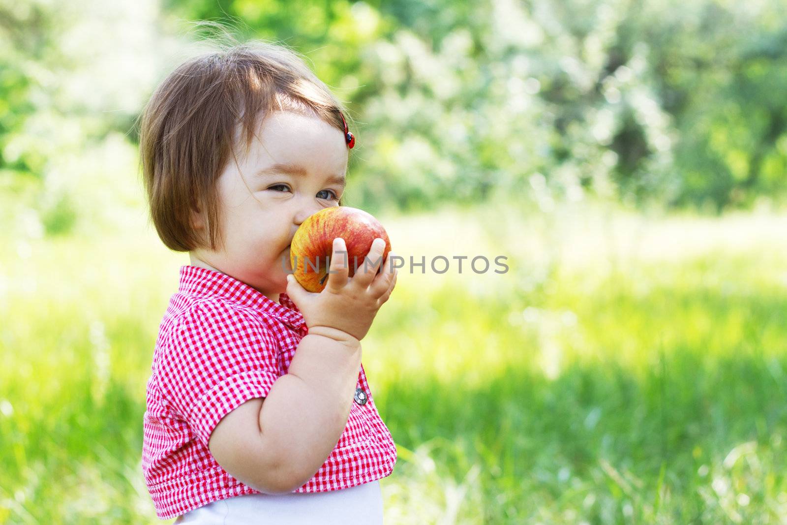 Cute child on a picnic, eating a big fresh apple