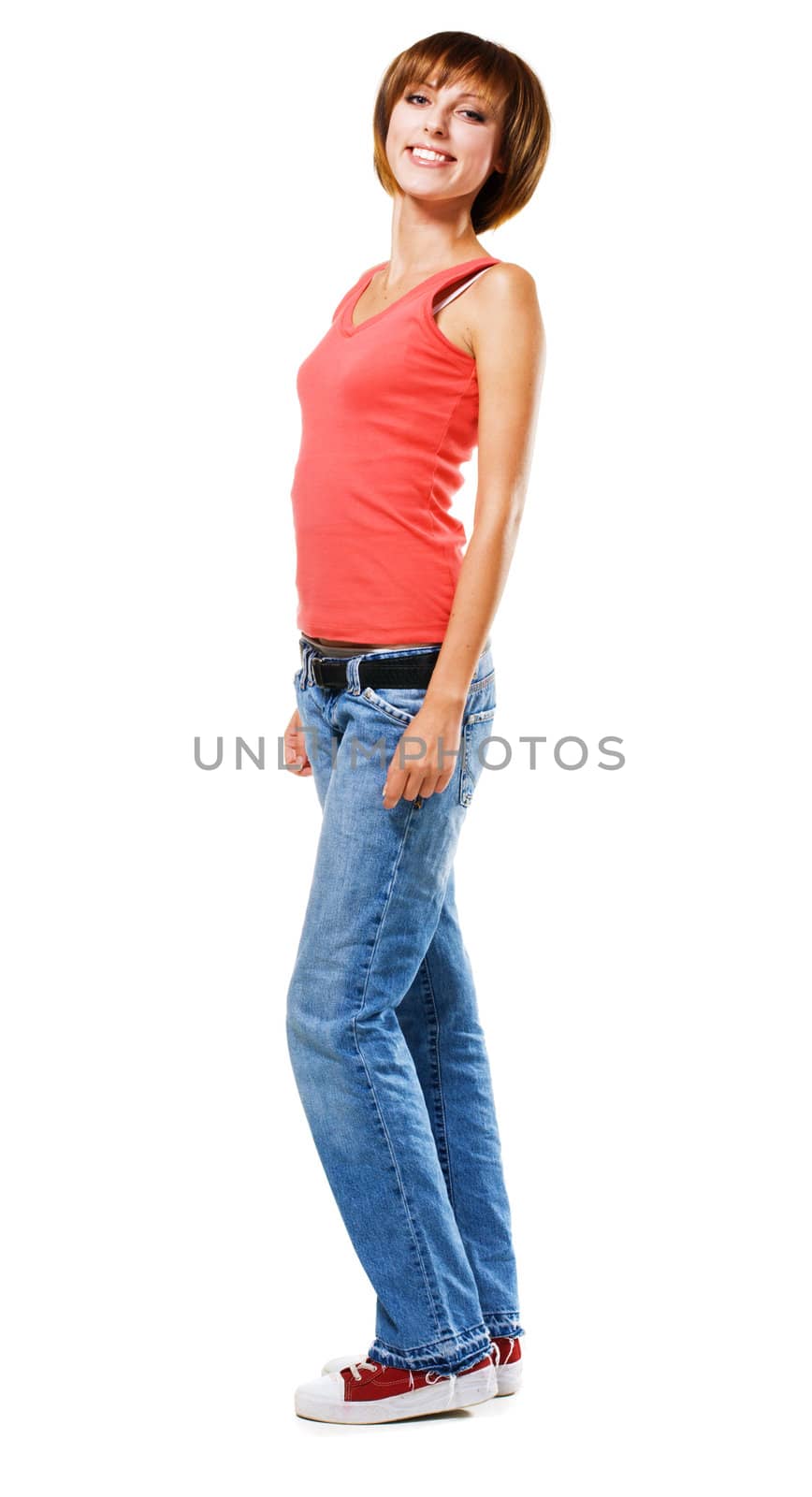 Young happy woman, isolated on white background 