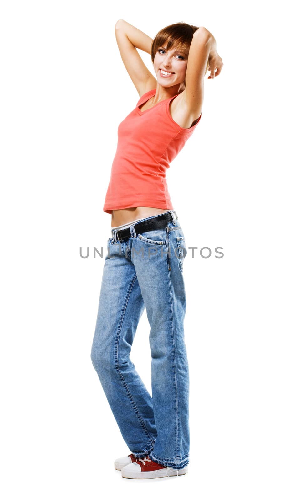 Young happy woman, isolated on white background 