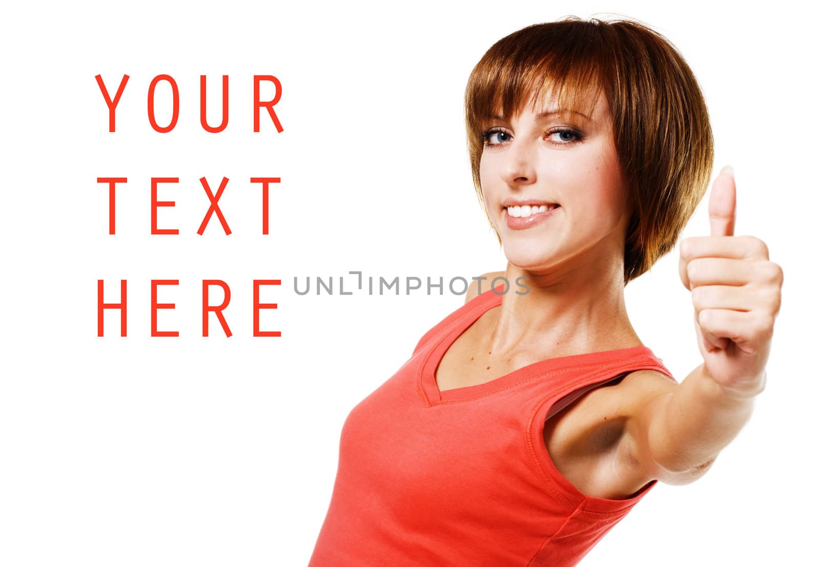 Young beautiful woman showing "Thumbs up" sign, white background 