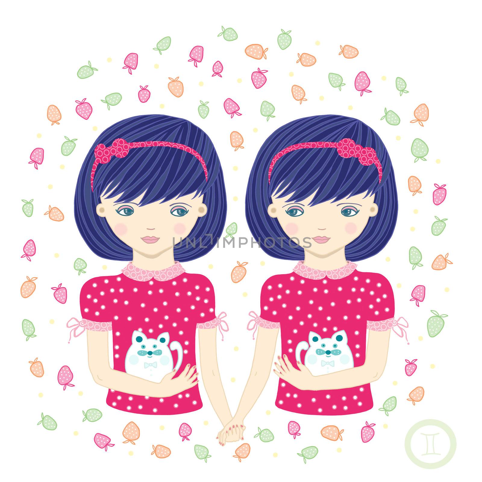 Horoscope. Zodiac signs- Gemini. Raster illustration of the girl.