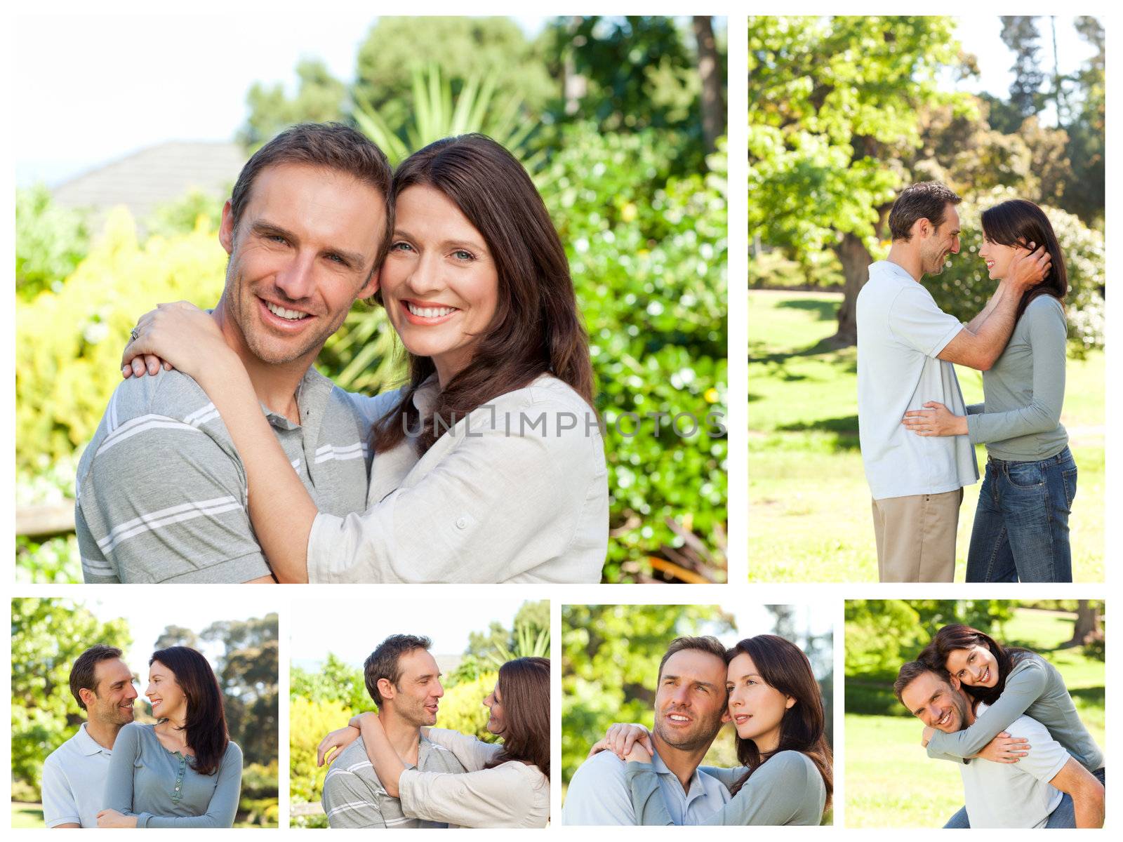 Collage of a lovely couple enjoying a moment together in a park by Wavebreakmedia