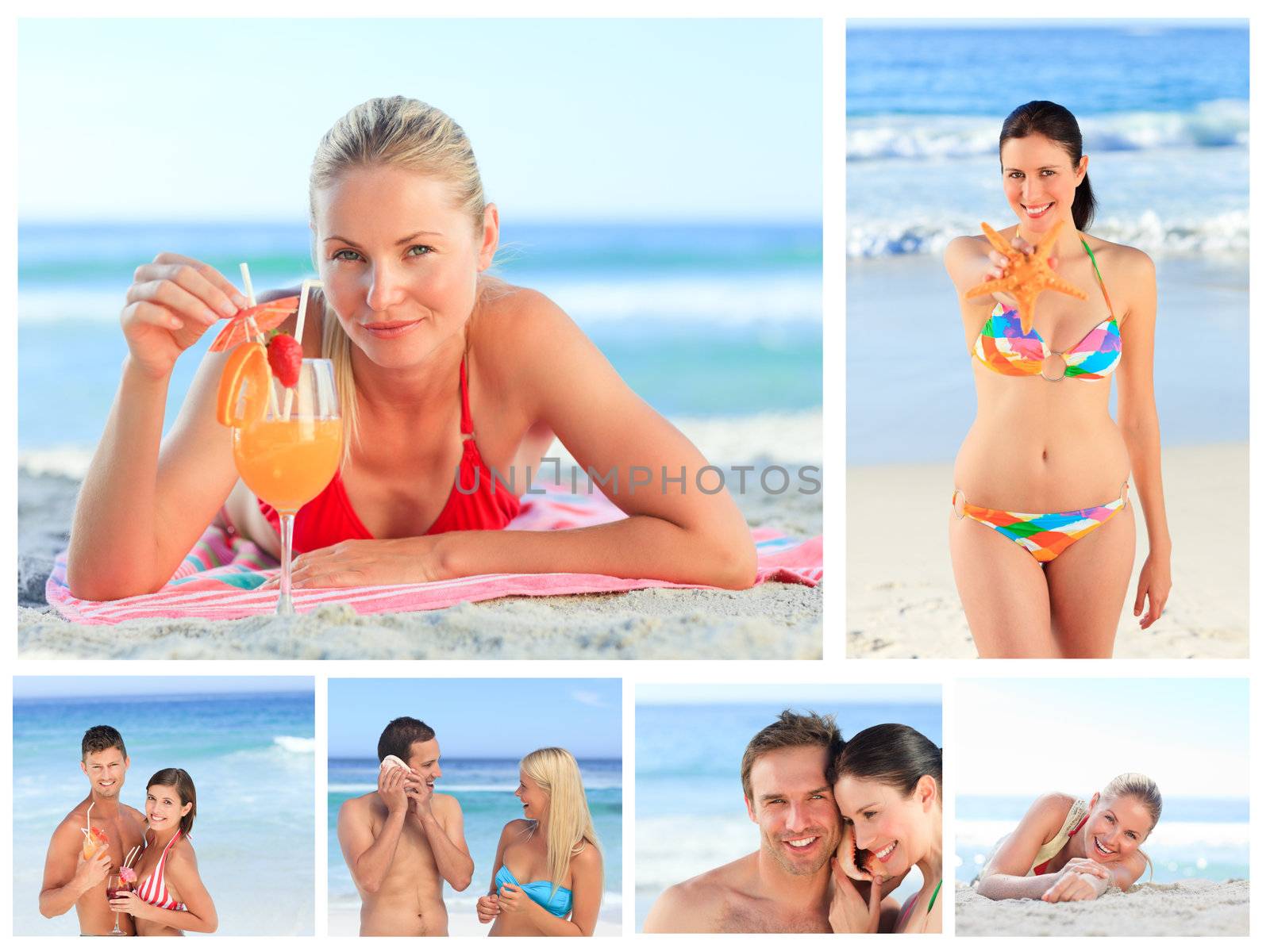 Collage of lovely couples and attractive women on a beach by Wavebreakmedia