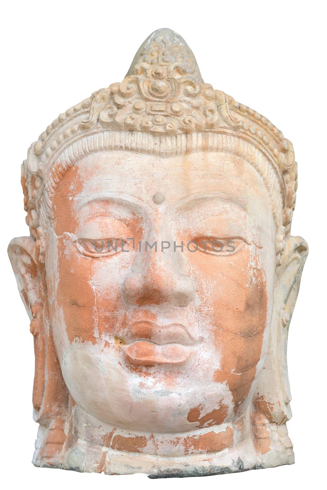 Ancient Buddha head isolated on white background with clipping path