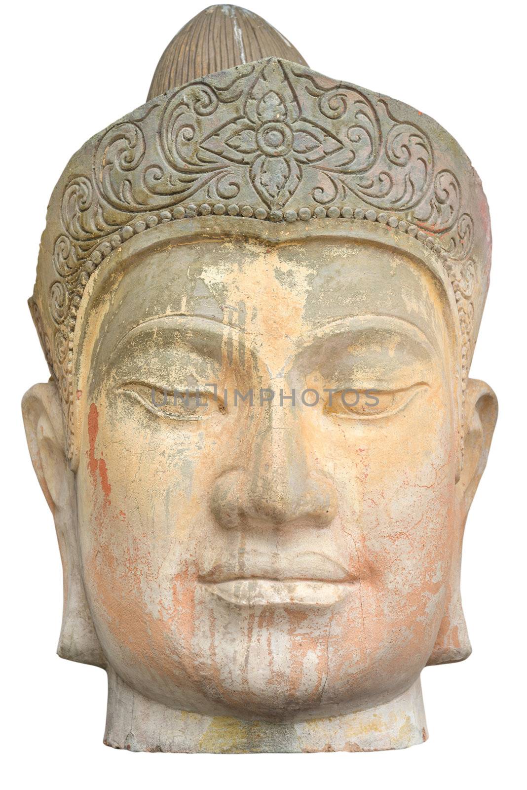 Ancient Buddha head in Burma style isolated on white background with clipping path