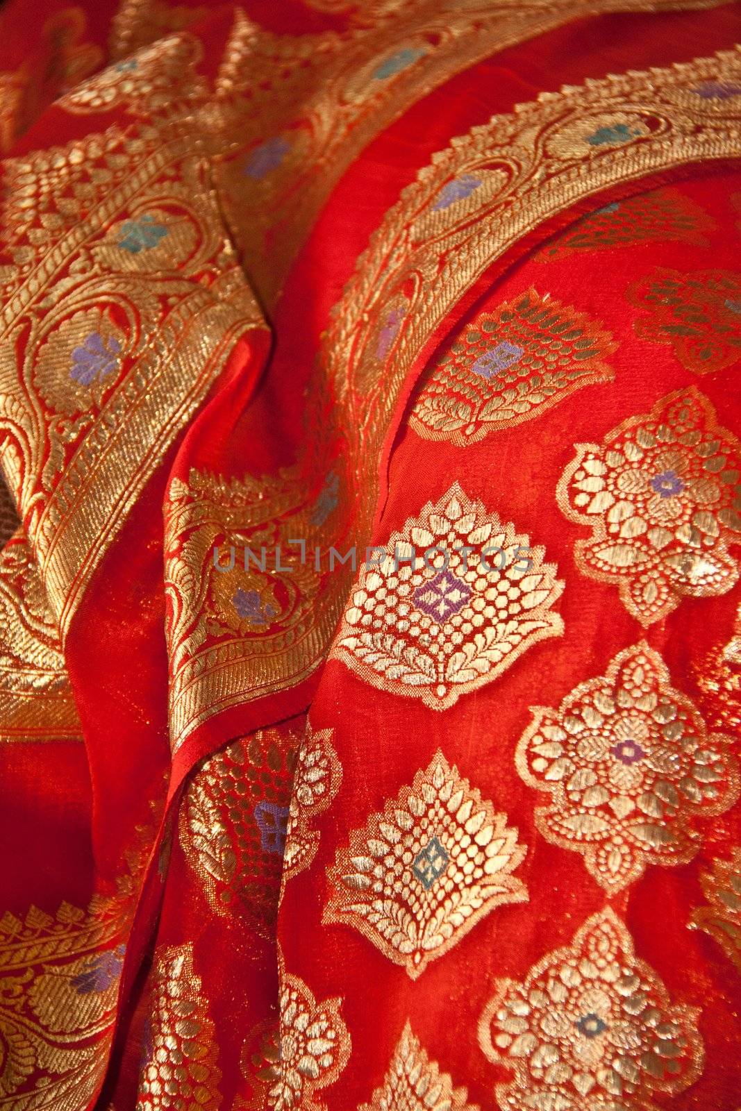 an Indian Sari with orange fabric and Gold thread