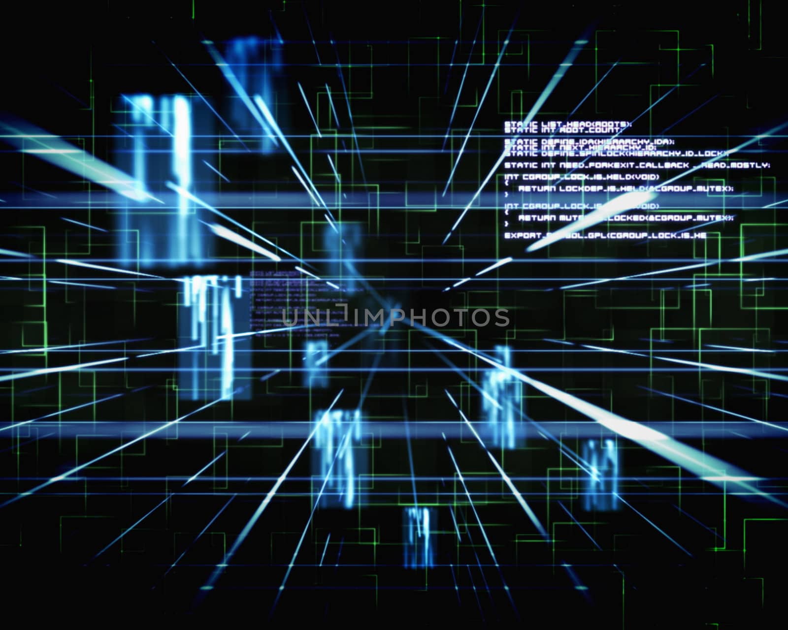 Blue lines next to screens and text against a black background