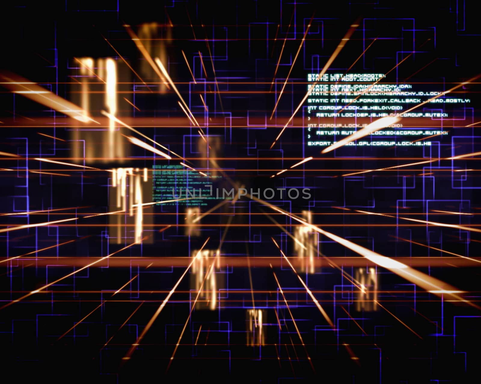 Blue and orange lines next to screens against a black bckground
